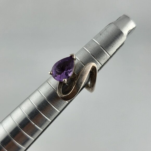 Estate Jewelry - 925 Sterling Silver Ring Pear Cut Amethyst Unique Modernist 3.25 Vintage Artisan